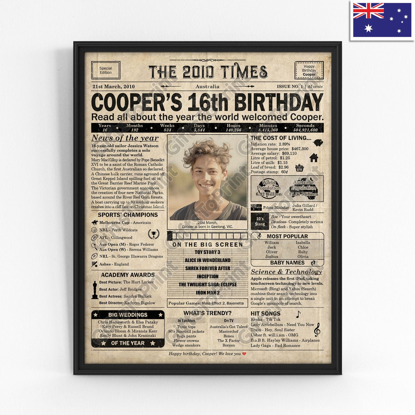 Personalised 16th Birthday Gift: A Printable AUSTRALIAN Birthday Poster of 2010