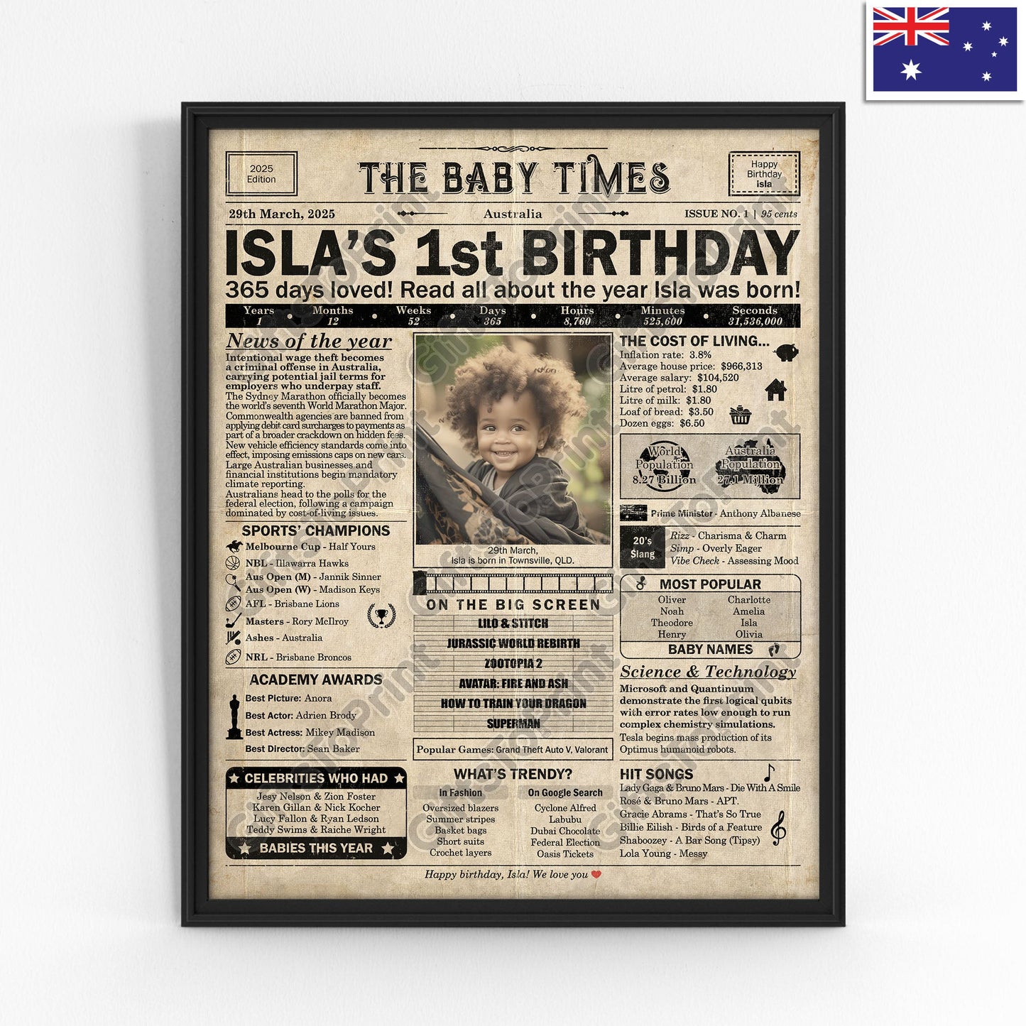 Personalised 1st Birthday Gift: A Printable AUSTRALIAN Birthday Poster of 2025