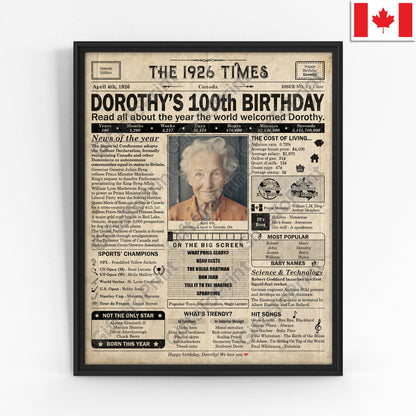 Personalized 100th Birthday Gift: A Printable CANADIAN Birthday Poster of 1926