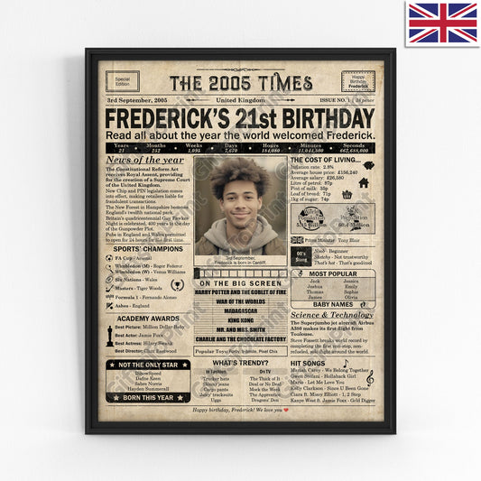 Personalised 21st Birthday Gift: A Printable UK Birthday Poster of 2005
