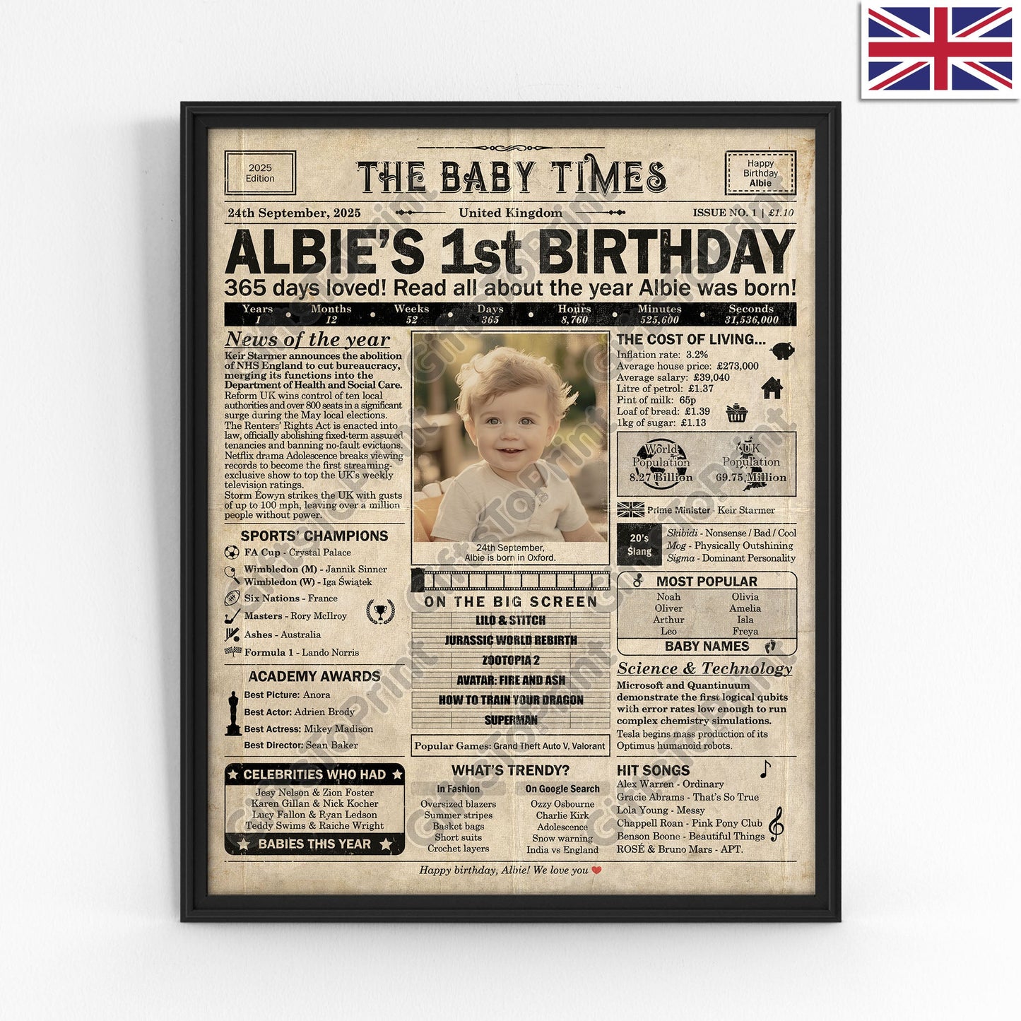 Personalised 1st Birthday Gift: A Printable UK Birthday Poster of 2025
