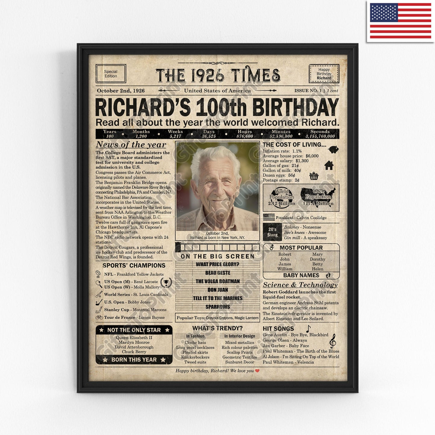 Personalized 100th Birthday Gift: A Printable US Birthday Poster of 1926