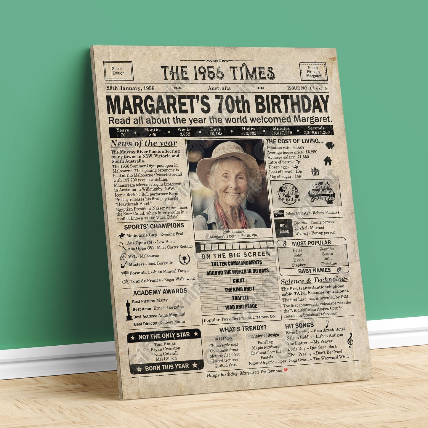 Personalised 70th Birthday Gift: A Printable AUSTRALIAN Birthday Poster of 1956