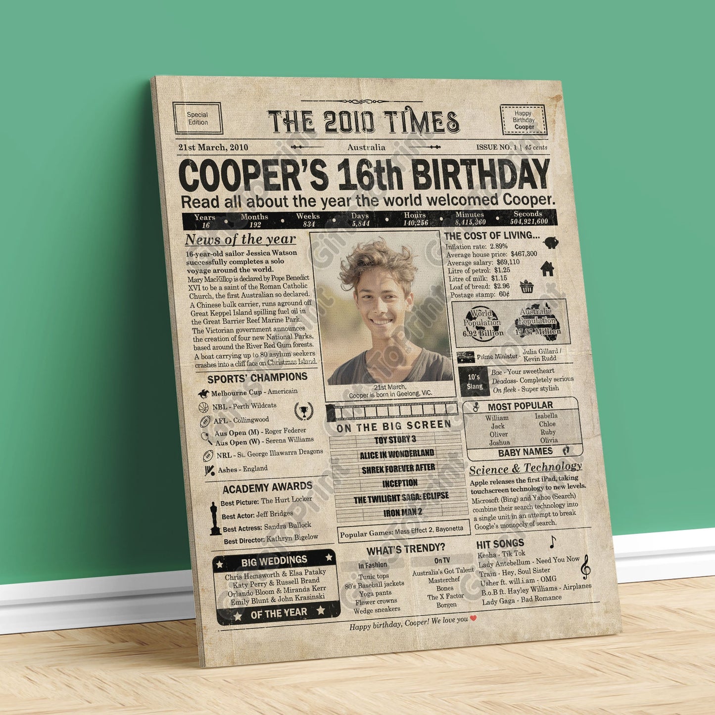 Personalised 16th Birthday Gift: A Printable AUSTRALIAN Birthday Poster of 2010