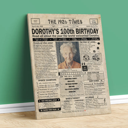 Personalized 100th Birthday Gift: A Printable CANADIAN Birthday Poster of 1926