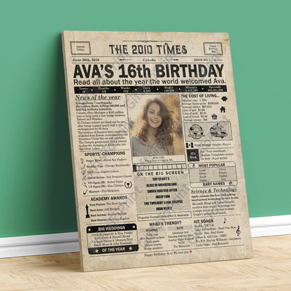 Personalized 16th Birthday Gift: A Printable CANADIAN Birthday Poster of 2010