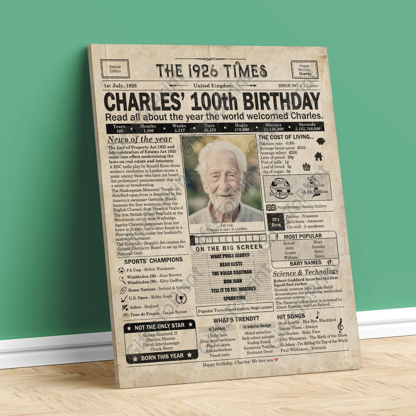 Personalised 100th Birthday Gift: A Printable UK Birthday Poster of 1926