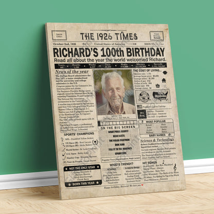 Personalized 100th Birthday Gift: A Printable US Birthday Poster of 1926