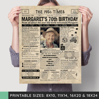 Personalised 70th Birthday Gift: A Printable AUSTRALIAN Birthday Poster of 1956