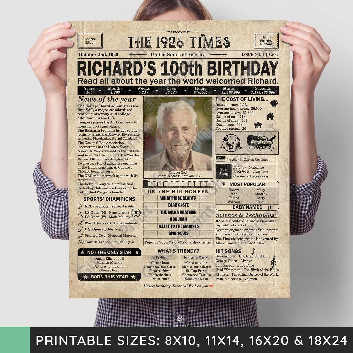 Personalized 100th Birthday Gift: A Printable US Birthday Poster of 1926