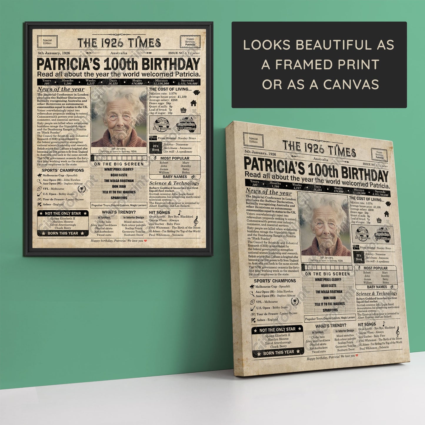 Personalised 100th Birthday Gift: A Printable AUSTRALIAN Birthday Poster of 1926