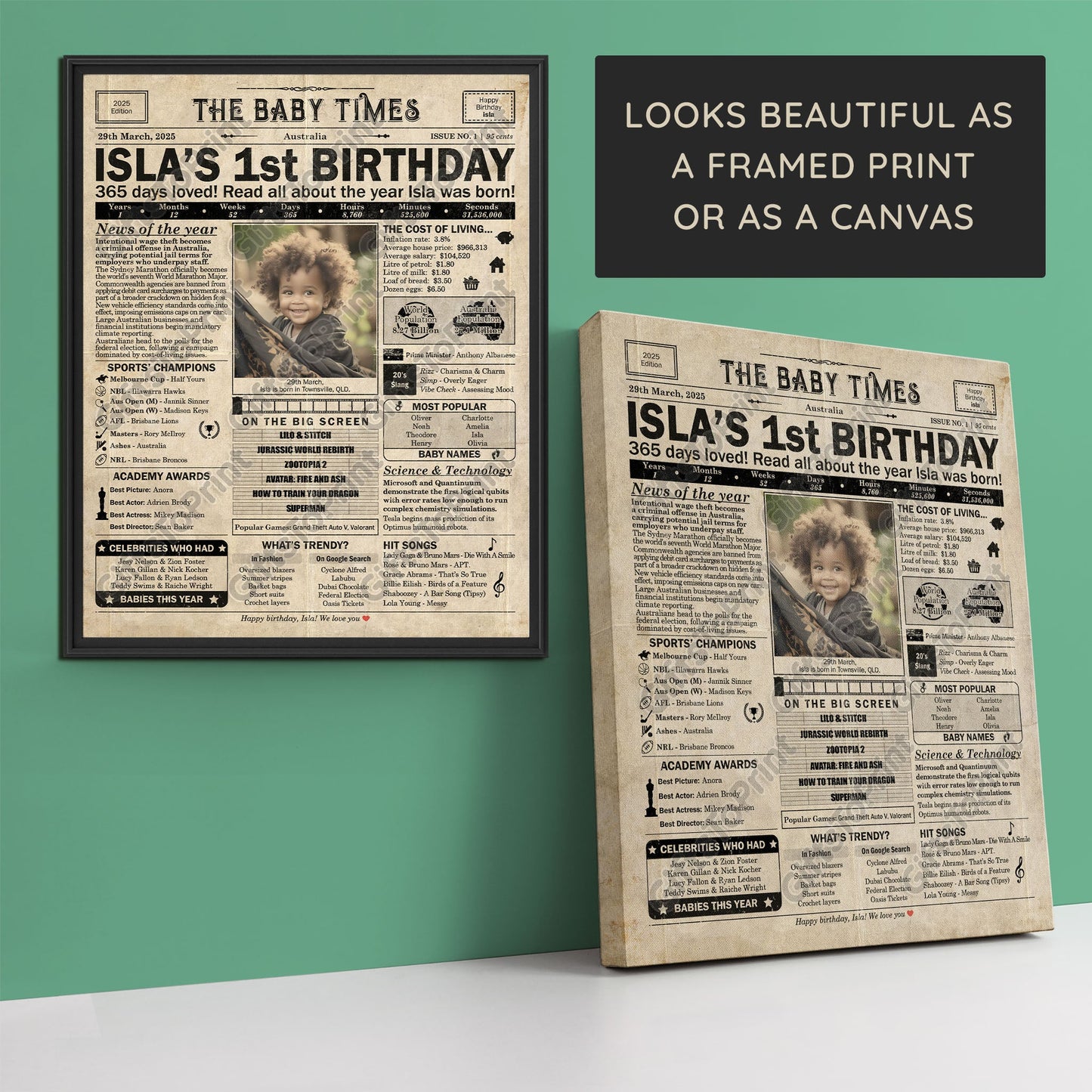 Personalised 1st Birthday Gift: A Printable AUSTRALIAN Birthday Poster of 2025