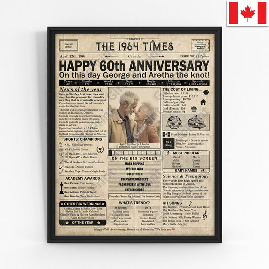 Personalized 60th Anniversary Gift: A Printable CANADIAN Newspaper Poster of 1964