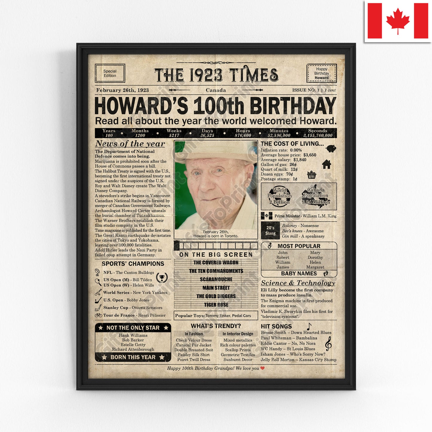 Personalized 100th Birthday Gift: A Printable CANADIAN Birthday Poster of 1923