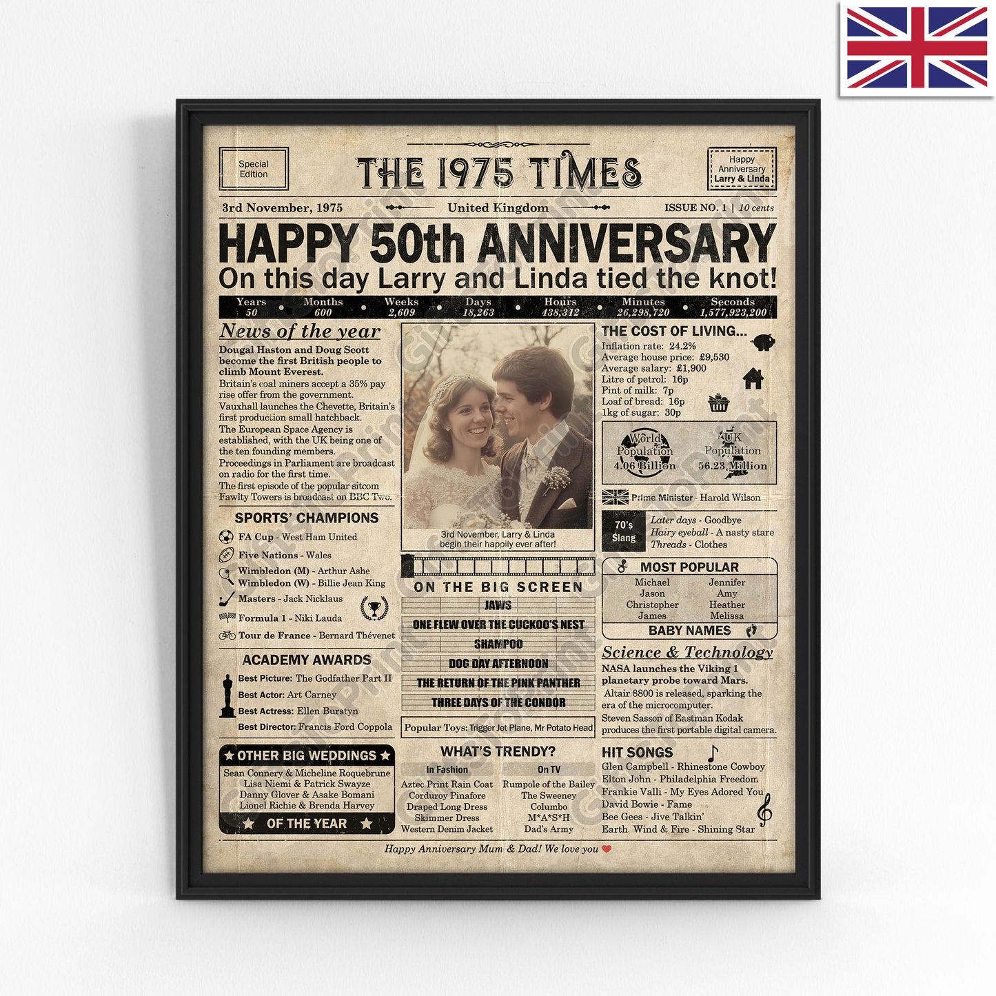 Personalised 50th Anniversary Gift: A Printable UK Newspaper Poster of 1975