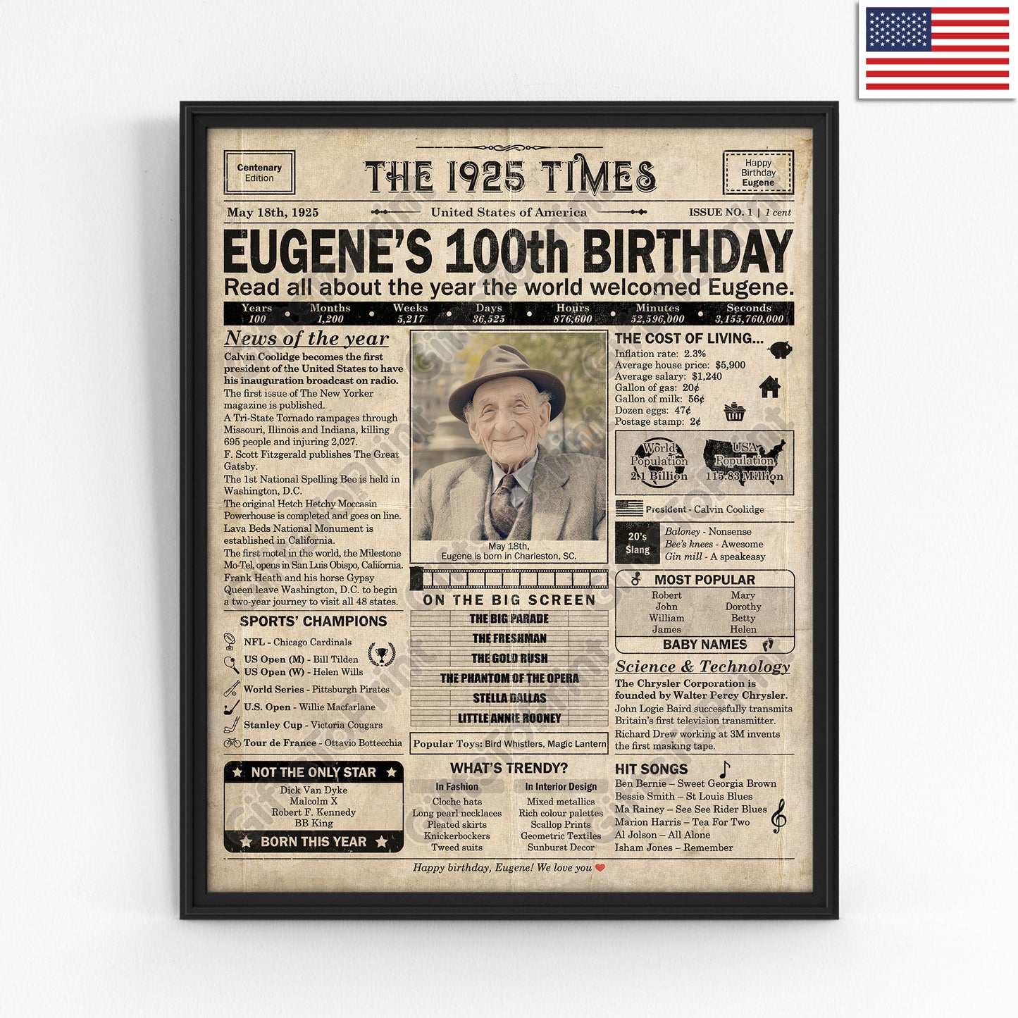 Personalized 100th Birthday Gift: A Printable US Birthday Poster of 1925