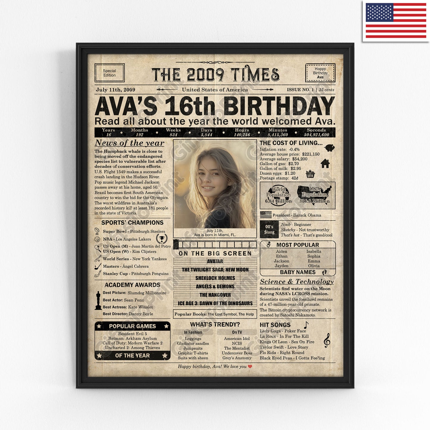 Personalized 16th Birthday Gift: A Printable US Birthday Poster of 2009