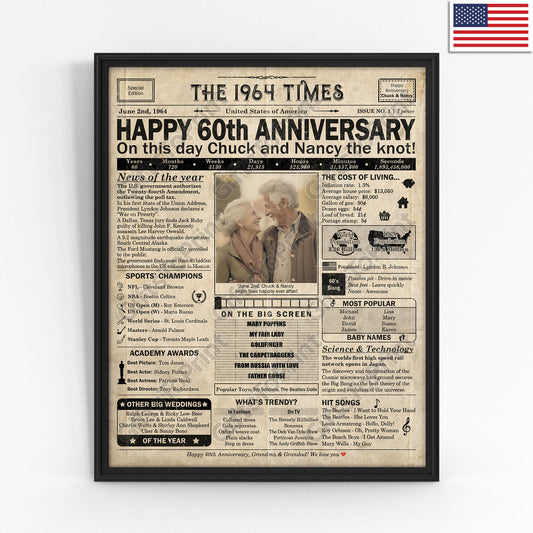 Personalized 60th Anniversary Gift: A Printable US Newspaper Poster of 1964