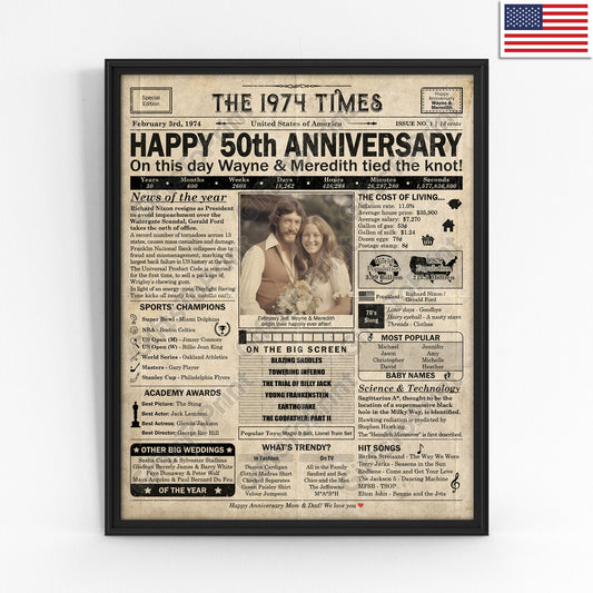 Personalized 50th Anniversary Gift: A Printable US Newspaper Poster of 1974