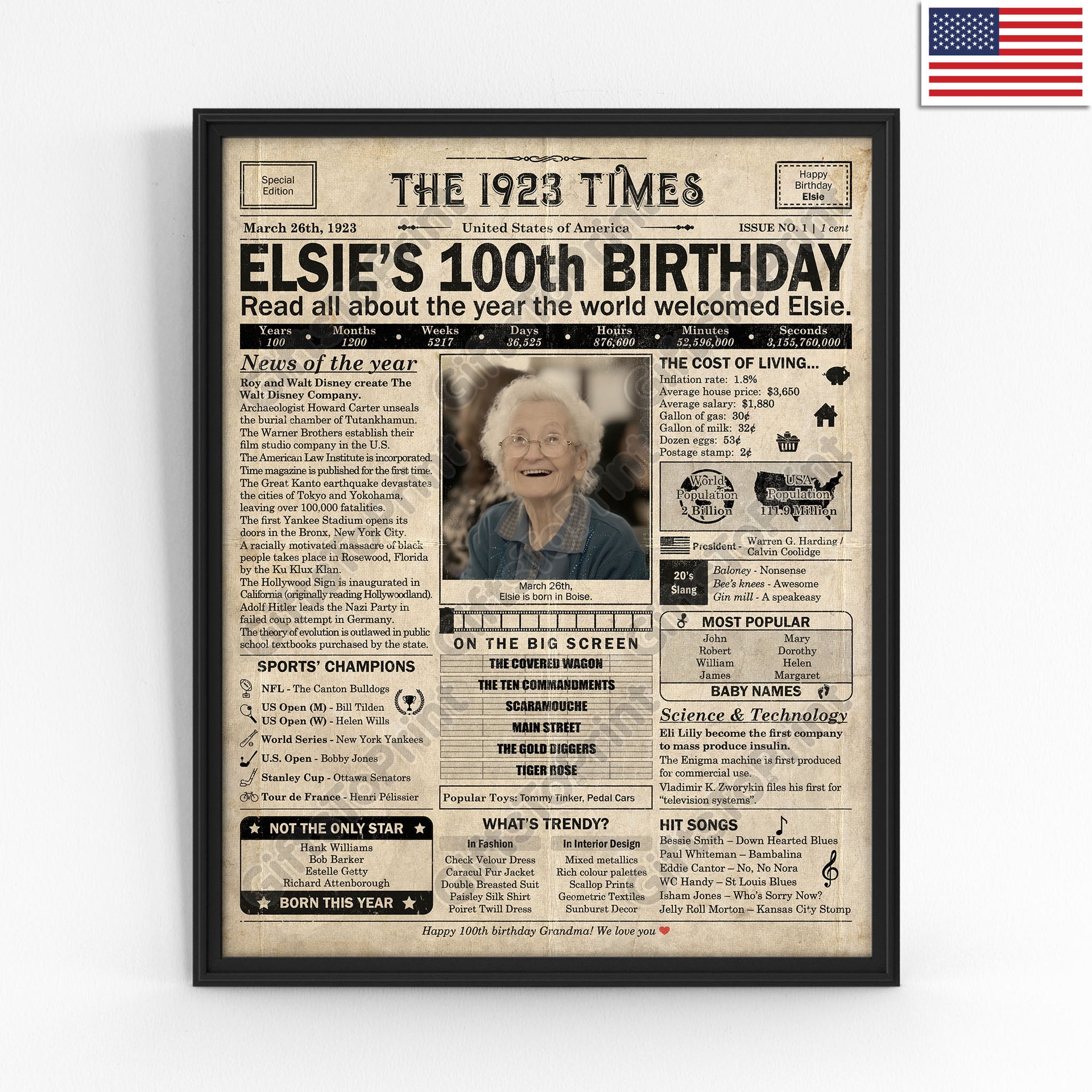  100th Birthday Newspaper Wall Art Canvas Poster Decorative with  Frame(11.5×15 inch) Back in 1923 Print 1923 birthday poster Vintage 100th  Birthday Decorations Poster for Home Wall Decor SRZT100S: Posters & Prints
