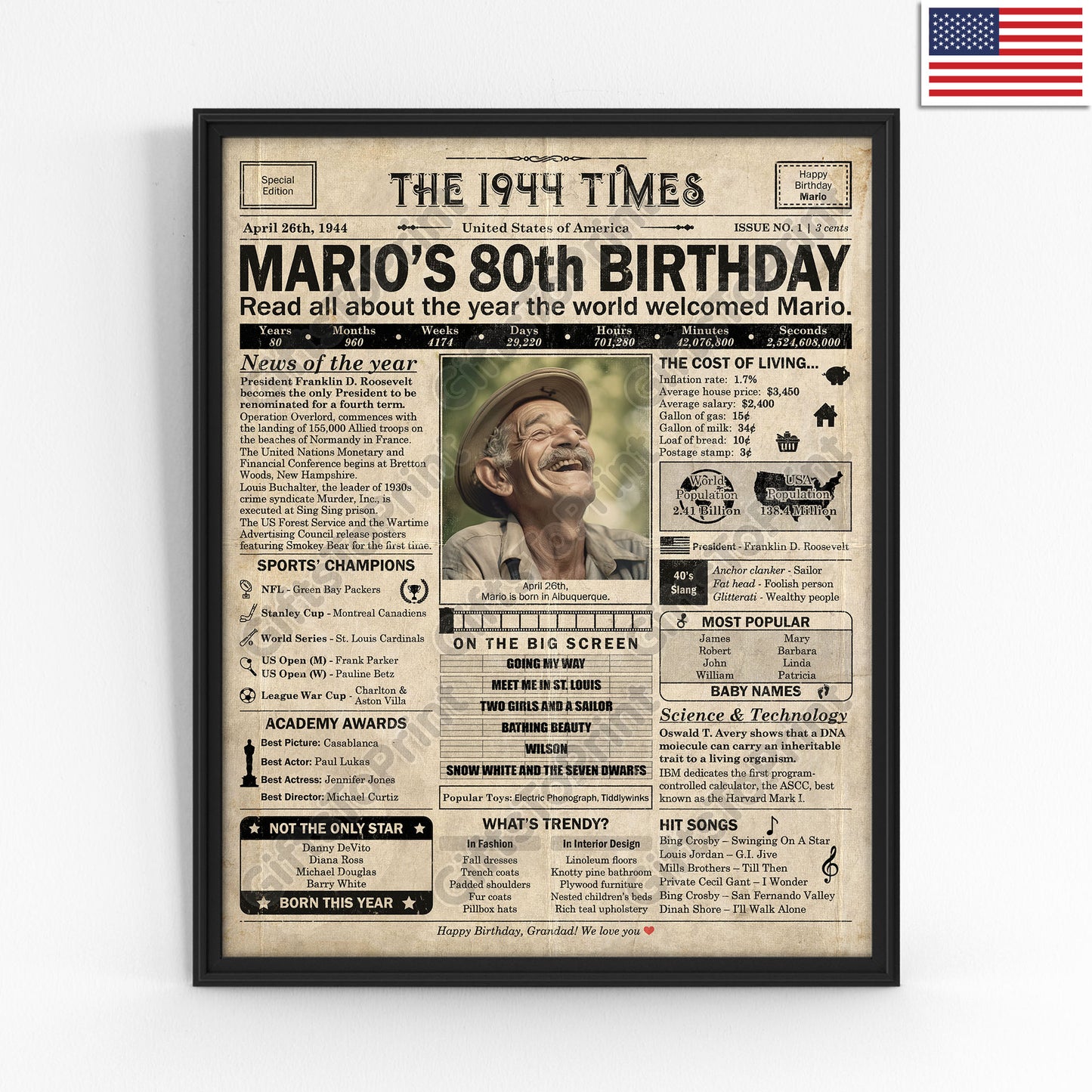 Personalized 80th Birthday Gift: A Printable US Birthday Poster of 1944