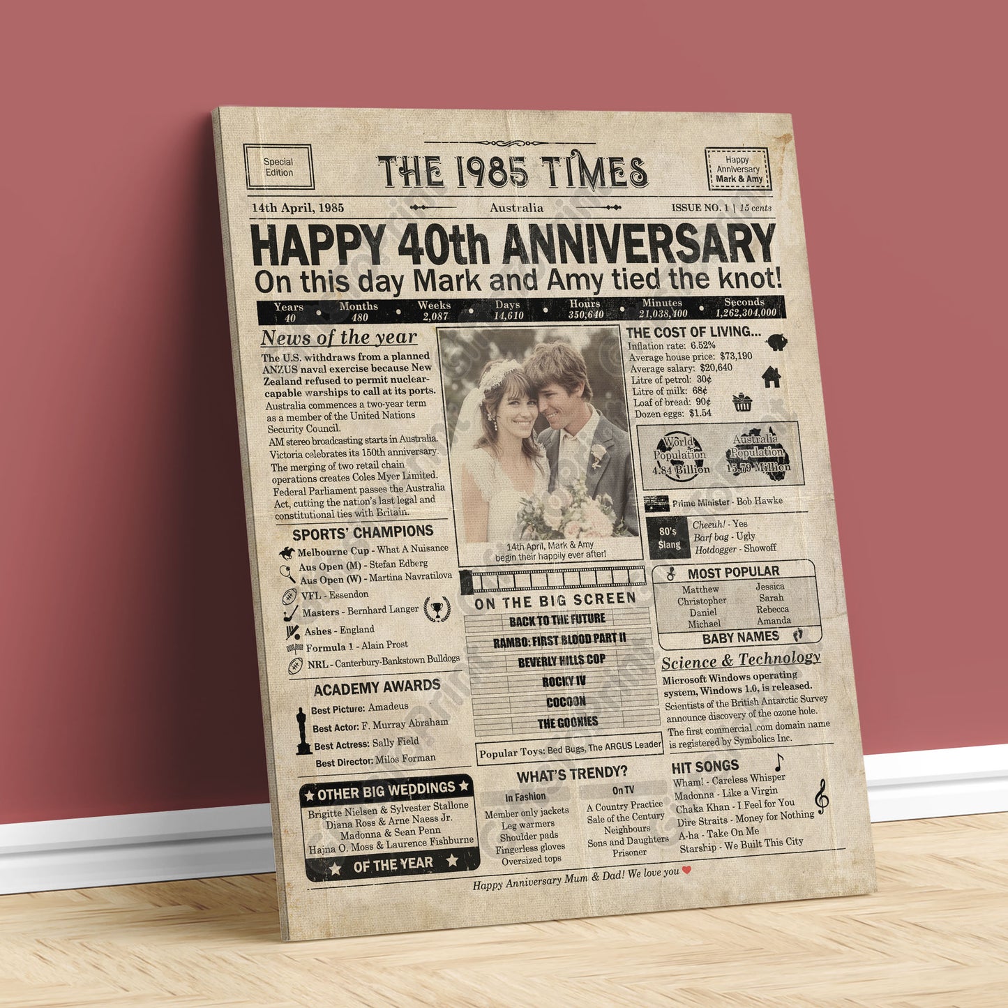 Personalised 40th Anniversary Gift: A Printable AUSTRALIAN Newspaper Poster of 1985