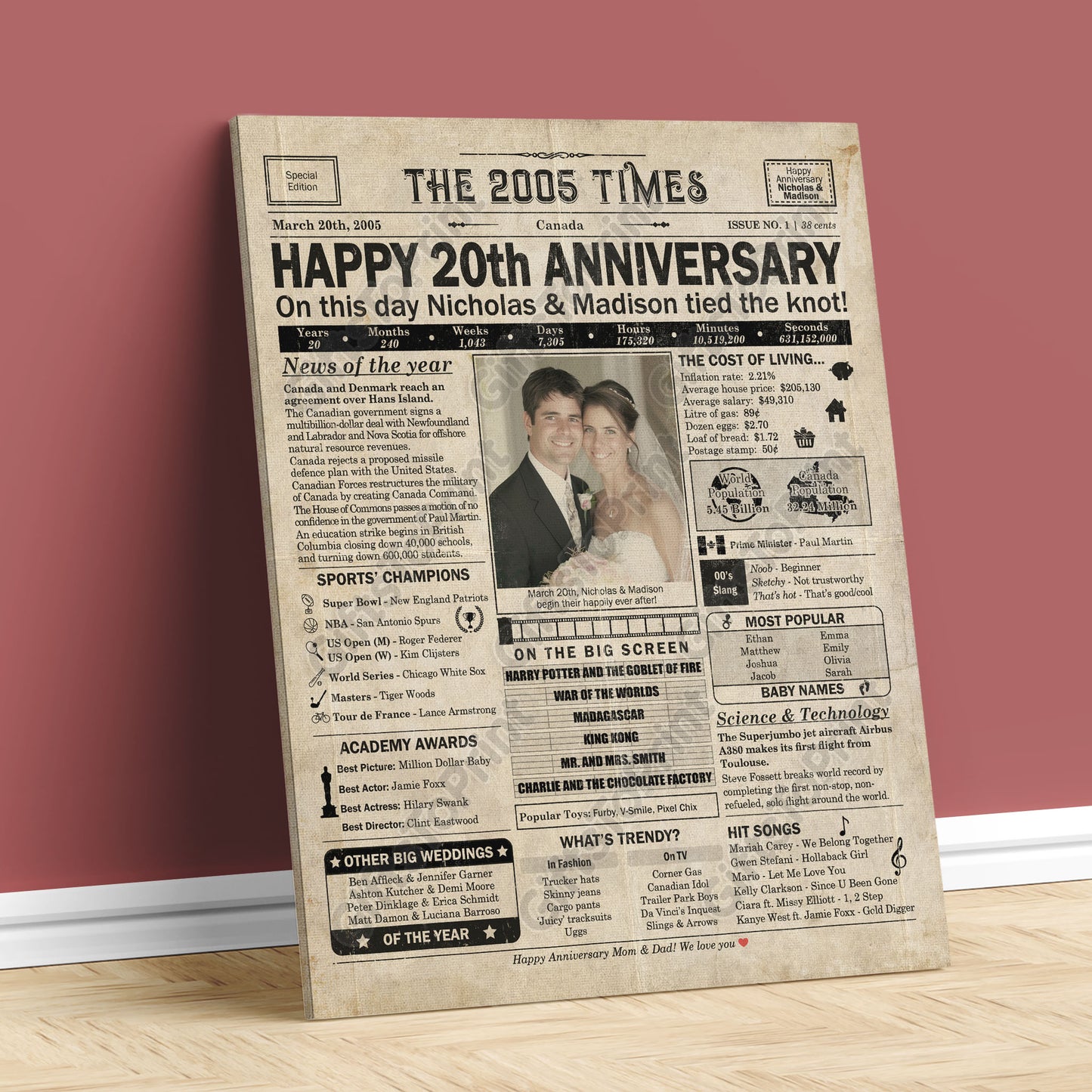 Personalized 20th Anniversary Gift: A Printable CANADIAN Newspaper Poster of 2005