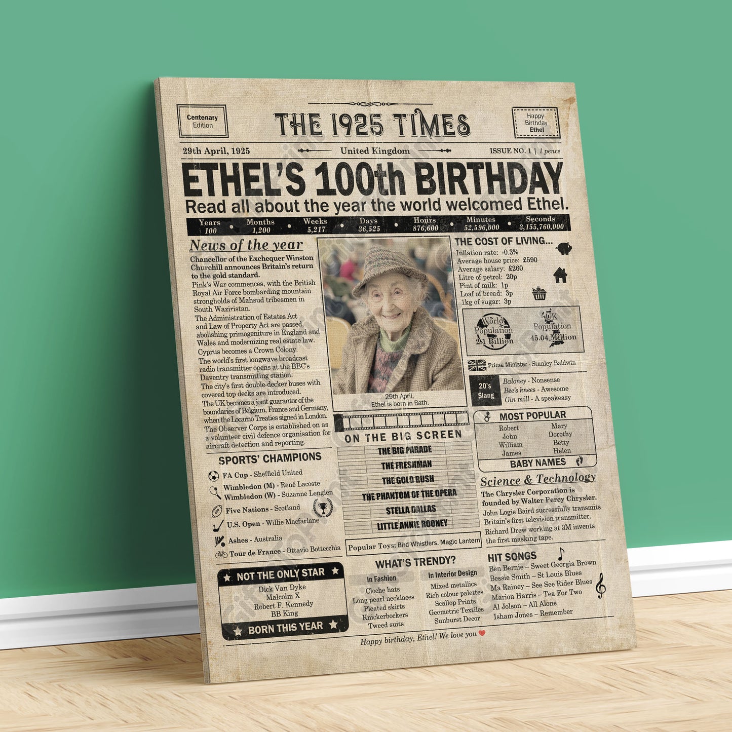 Personalised 100th Birthday Gift: A Printable UK Birthday Poster of 1925