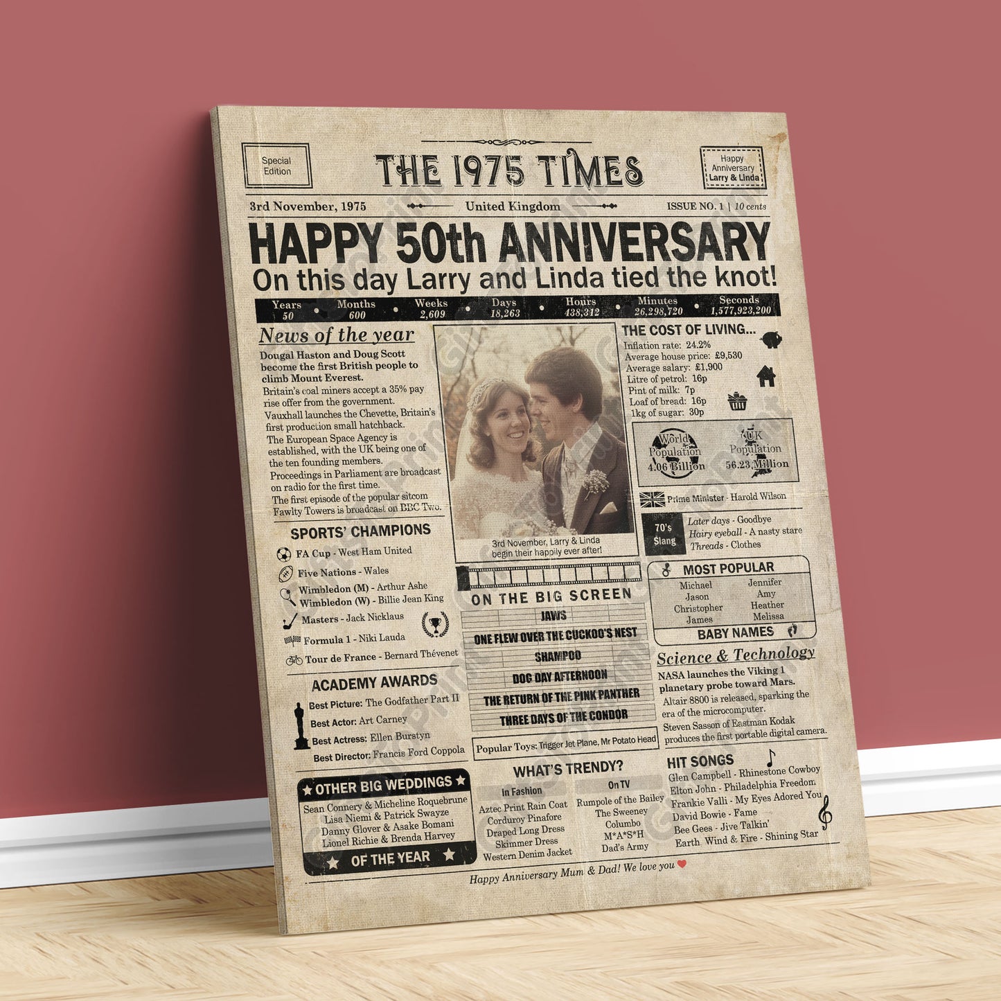 Personalised 50th Anniversary Gift: A Printable UK Newspaper Poster of 1975