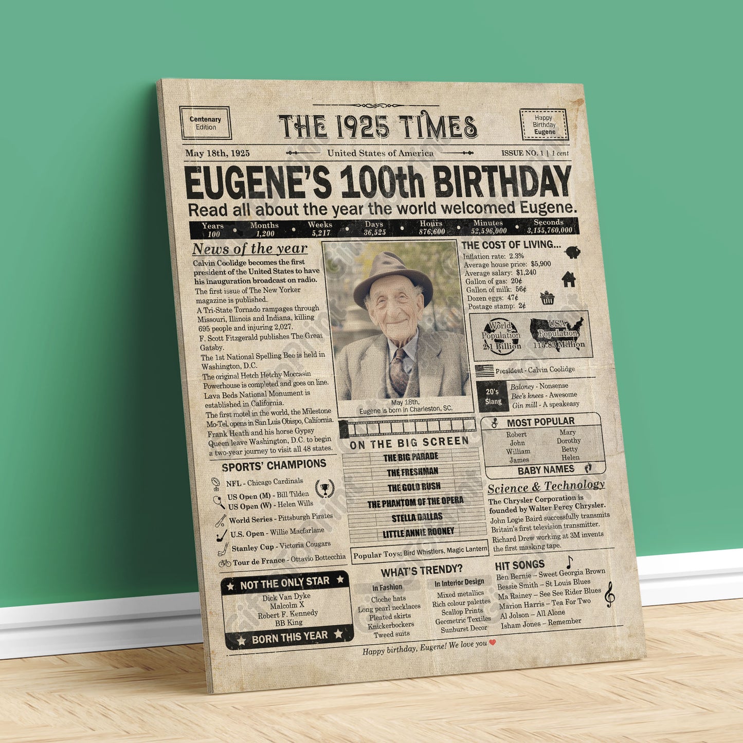 Personalized 100th Birthday Gift: A Printable US Birthday Poster of 1925