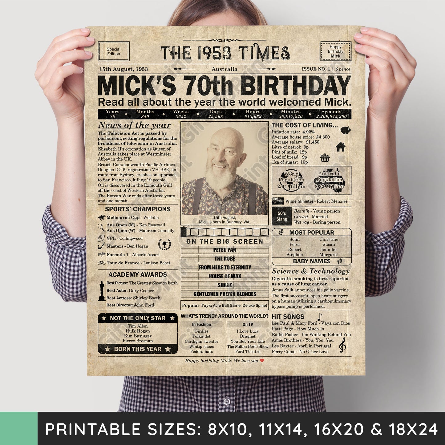 Personalised 70th Birthday Gift: A Printable AUSTRALIAN Birthday Poster of 1953