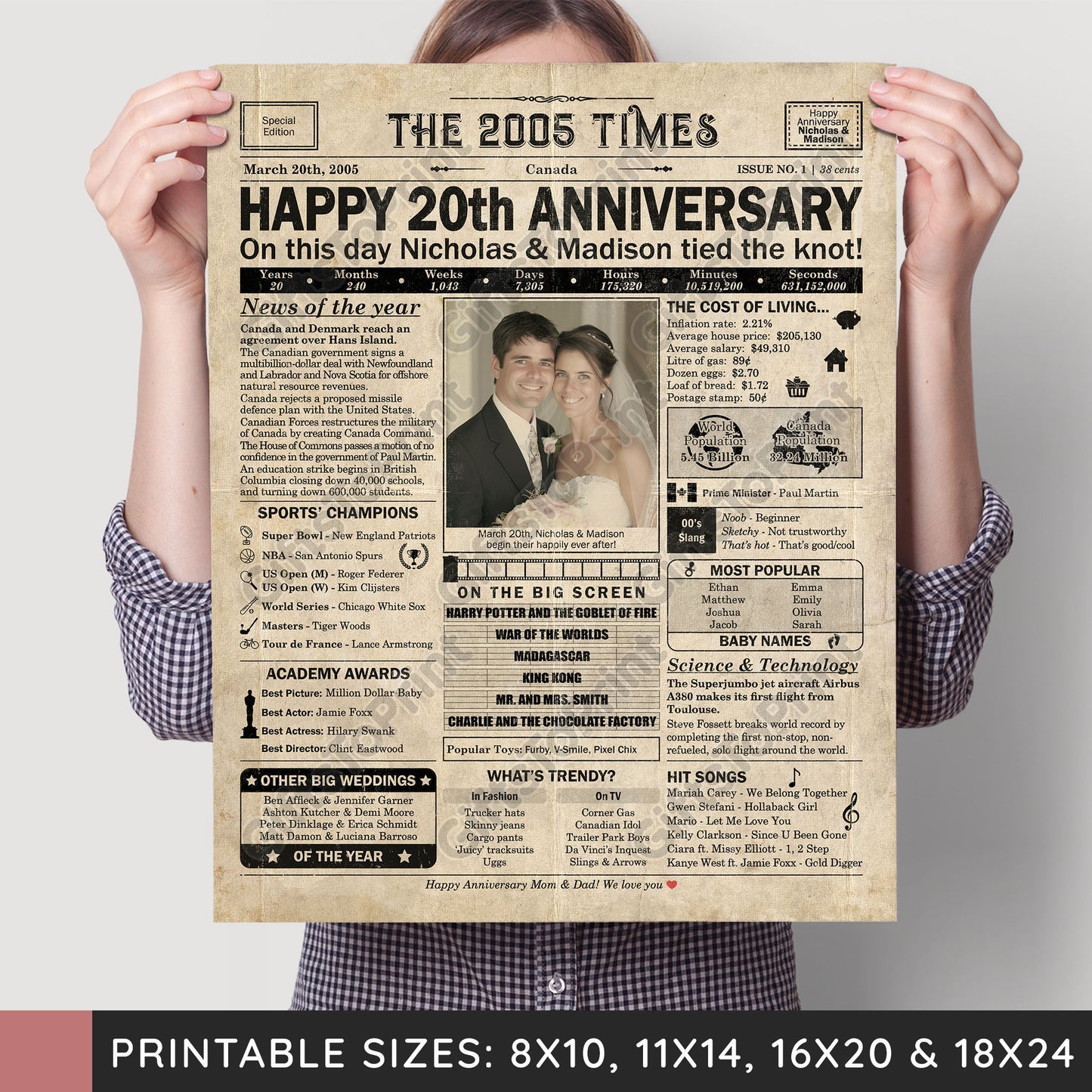 Personalized 20th Anniversary Gift: A Printable CANADIAN Newspaper Poster of 2005