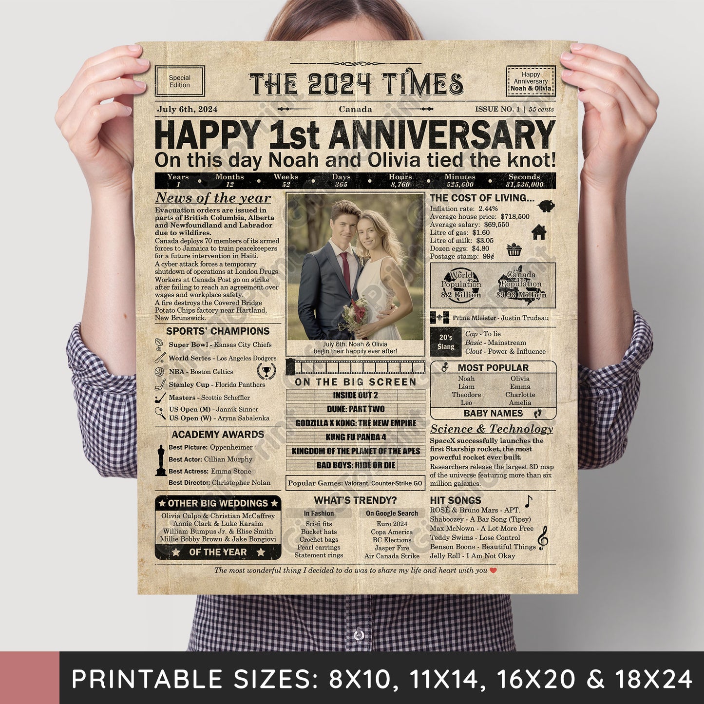 Personalized 1st Anniversary Gift: A Printable CANADIAN Newspaper Poster of 2024