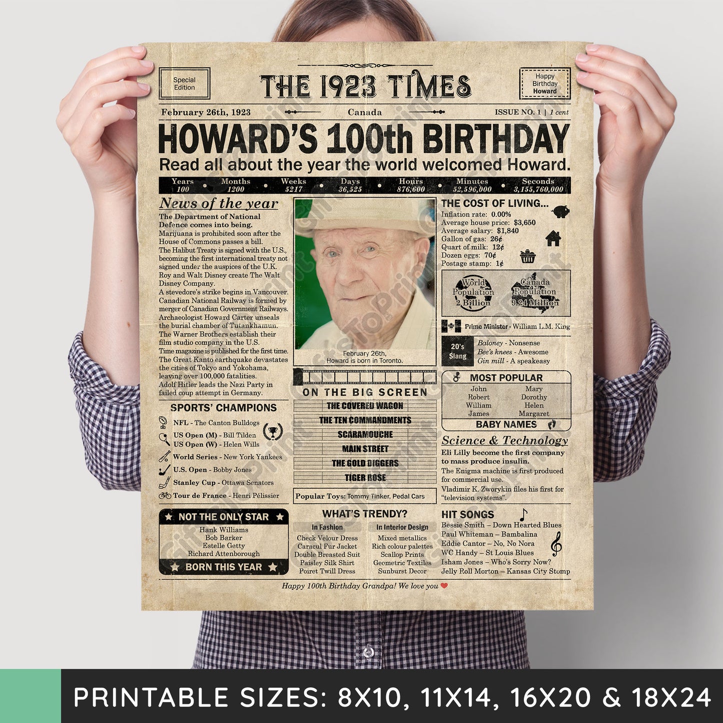 Personalized 100th Birthday Gift: A Printable CANADIAN Birthday Poster of 1923