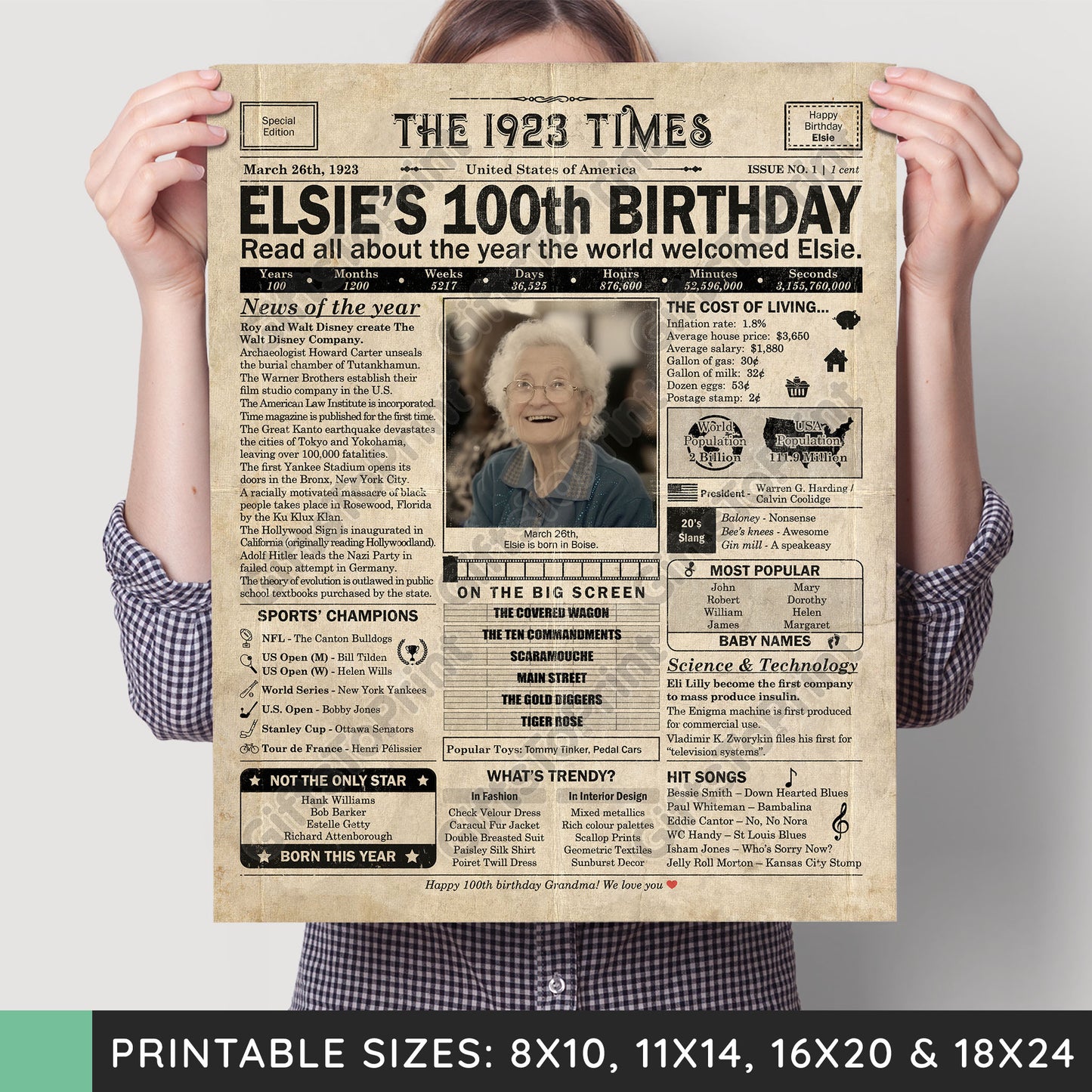 Personalized 100th Birthday Gift: A Printable US Birthday Poster of 1923