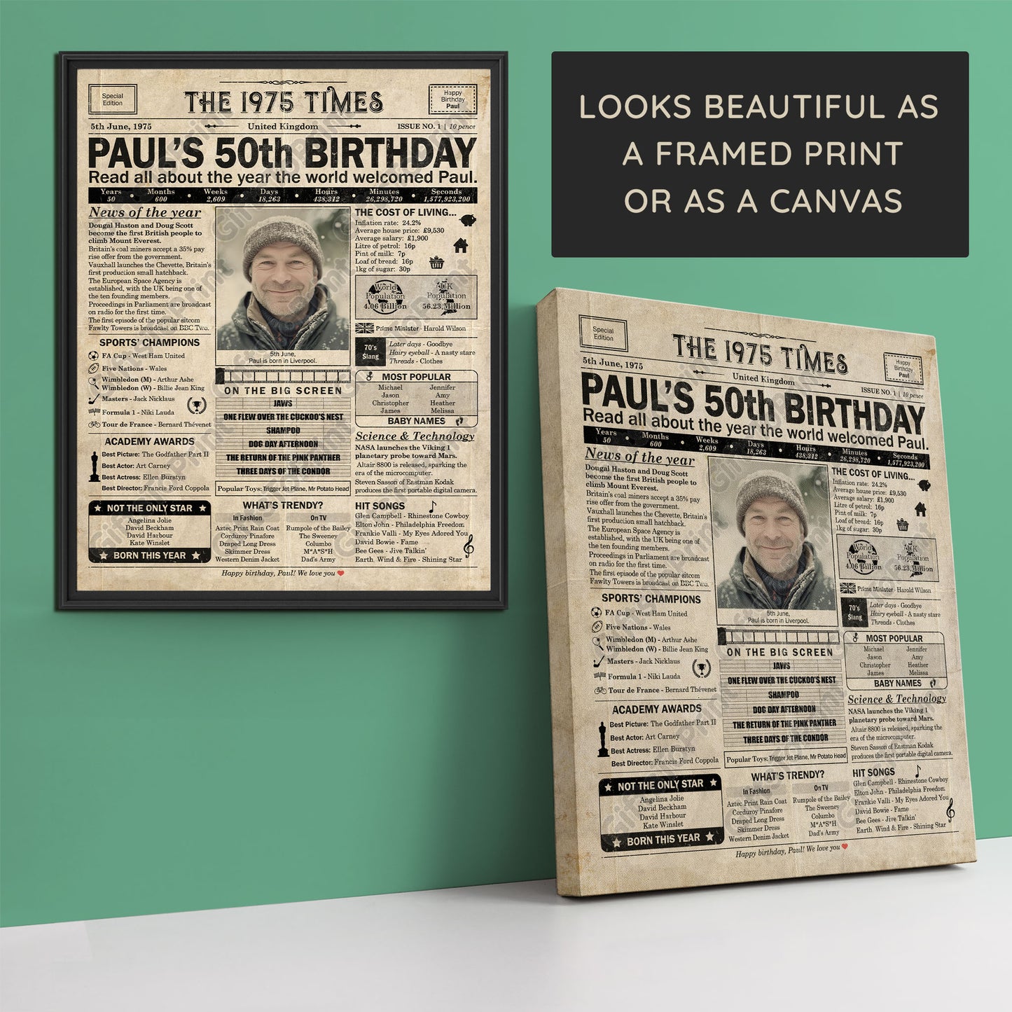 Personalised 50th Birthday Gift: A Printable UK Birthday Poster of 1975