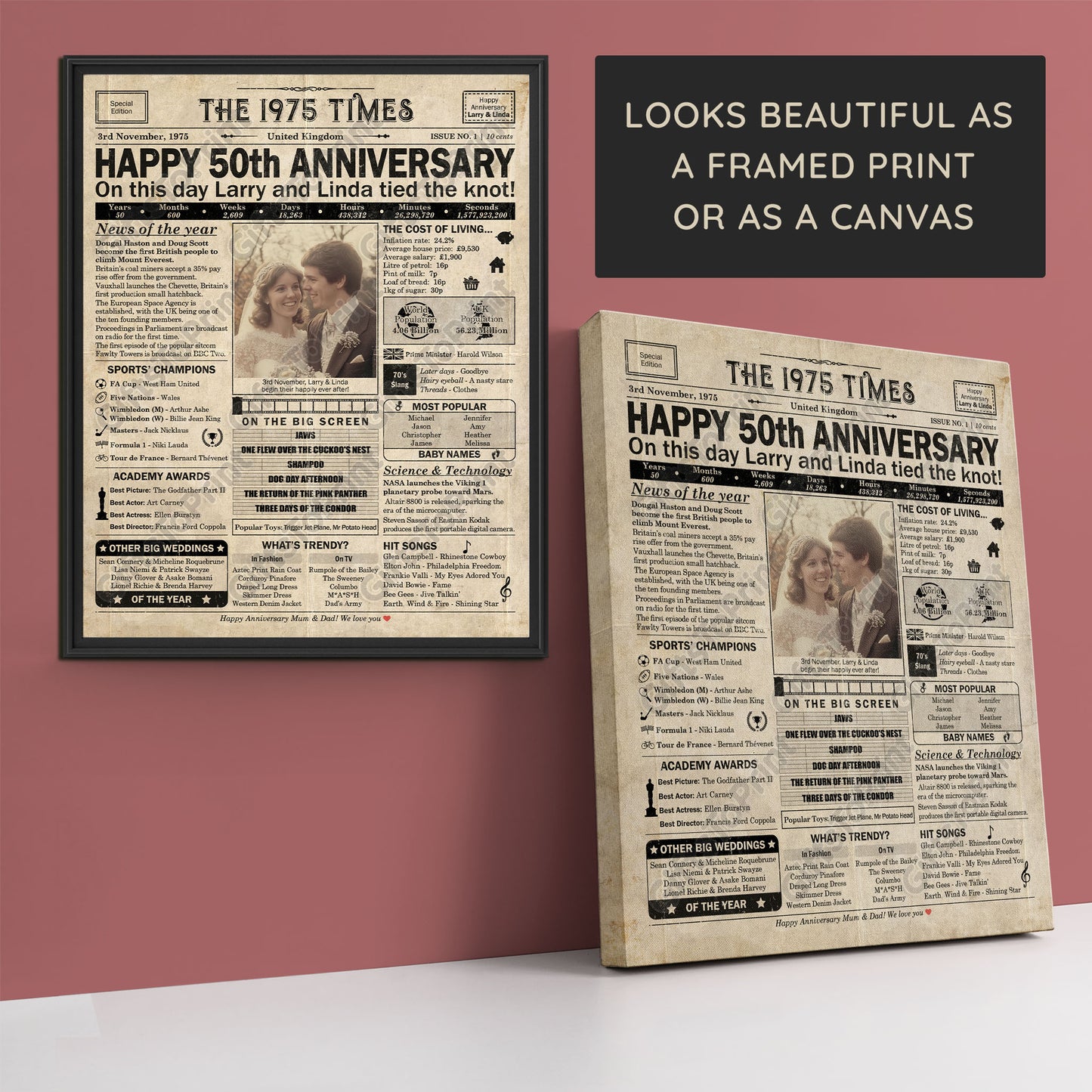 Personalised 50th Anniversary Gift: A Printable UK Newspaper Poster of 1975